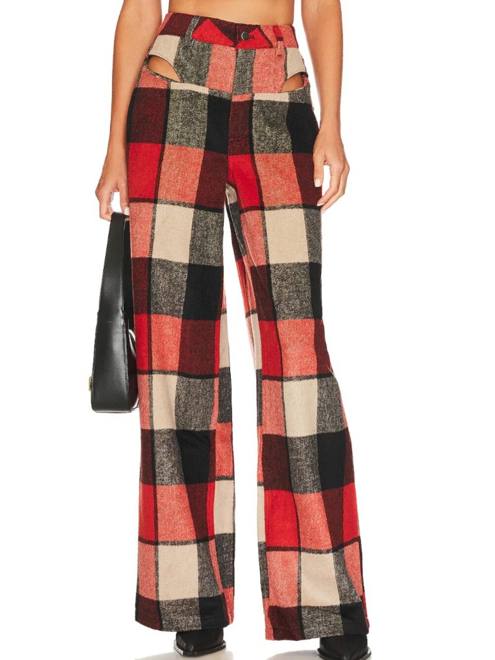 AFRM Willis Red Black & Cream Plaid Cut Out Wide Leg Pants 27